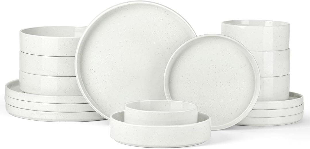 Stoneware Dinnerware Sets for 4 with Pasta Bowl, Onader 16 Piece Plates and Bowls Dish Set, Speckled Kitchen Dishware Dining Ware, Microwave & Dishwasher Safe - Cloud White