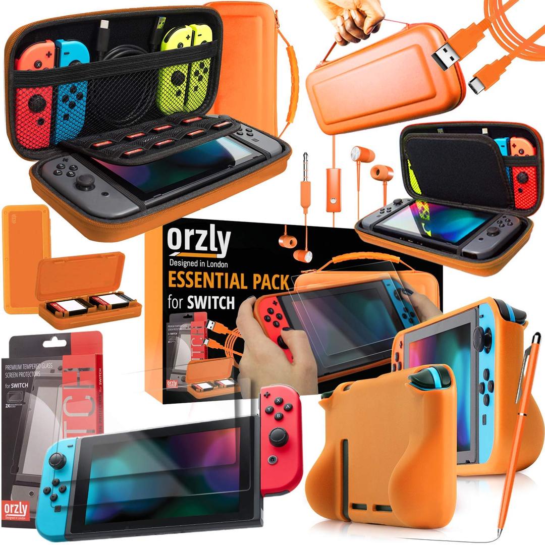 Orzly Switch Accessories Bundle  Carry Case for Nintendo Switch Console, Tempered Glass Screen Protectors, USB Charging Cable, Switch Games Case, Comfort Grip Case & Headphones ORANGE
