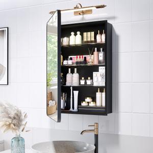 Recessed Medicine Cabinets for Bathroom with Mirror: 16 x 24 inch Small Surface Wall Mount Mirrored Vanity Chest with Storage - Matte Black Modern Frame