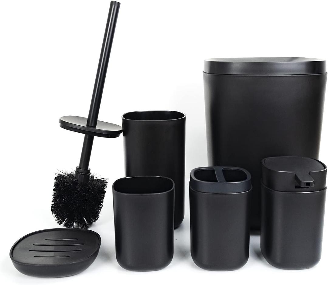 Bathroom Accessories Set of 6 Complete, Toothbrush Holder, Soap Dispenser, Garbage Trash Can, Soap Dish, Toothbrush Cup and Toilet Brush Holder, Black