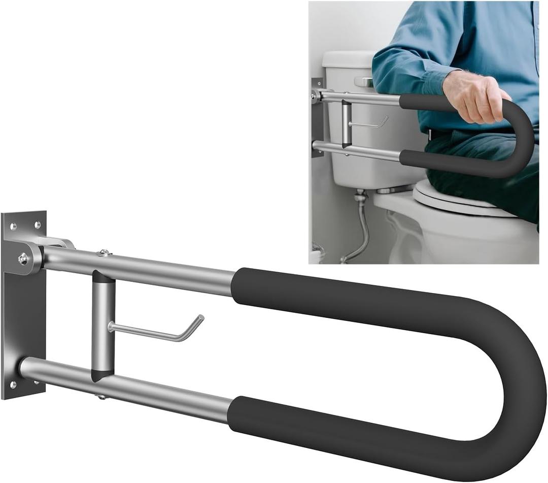 Foldable Toilet Grab Bar with Paper Holder, 30" Wall Mounted Bathroom Handicap Safety Rail, 450LBS Heavy Duty 2mm Aluminum Support Bar for Elderly, Disabled & Toilet Assistance