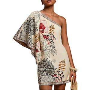 Floerns Women's Floral One Shoulder Mini Dress Dolman Sleeve Vacation Tunic Dresses (Brown, M)