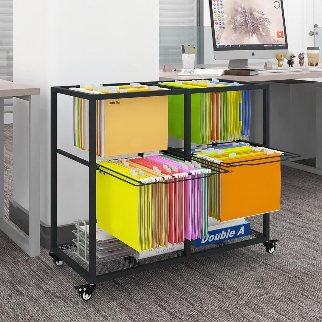 PUNCIA 2 Tiers 2 Column Heavy Duty Metal Rolling File Carts with Wheels Hanging Files for Letter Size Movable Pull-Out File Folder Rack Drawer File Cabinet for Home Office (Black)