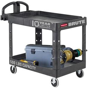 Rubbermaid Commercial Products 2-Shelf Utility/Service Cart, Medium, Black, Lipped Shelves, Ergonomic Handle, 500 Lbs Capacity, forfor Warehouse/Garage/Cleaning/Manufacturing