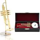 Miniature Trumpet Model, Brass Delicated Golden Mini Trumpet Mini Instrument Ornament Decoration Instrument Model Musical Ornaments Musical with Stand and Case