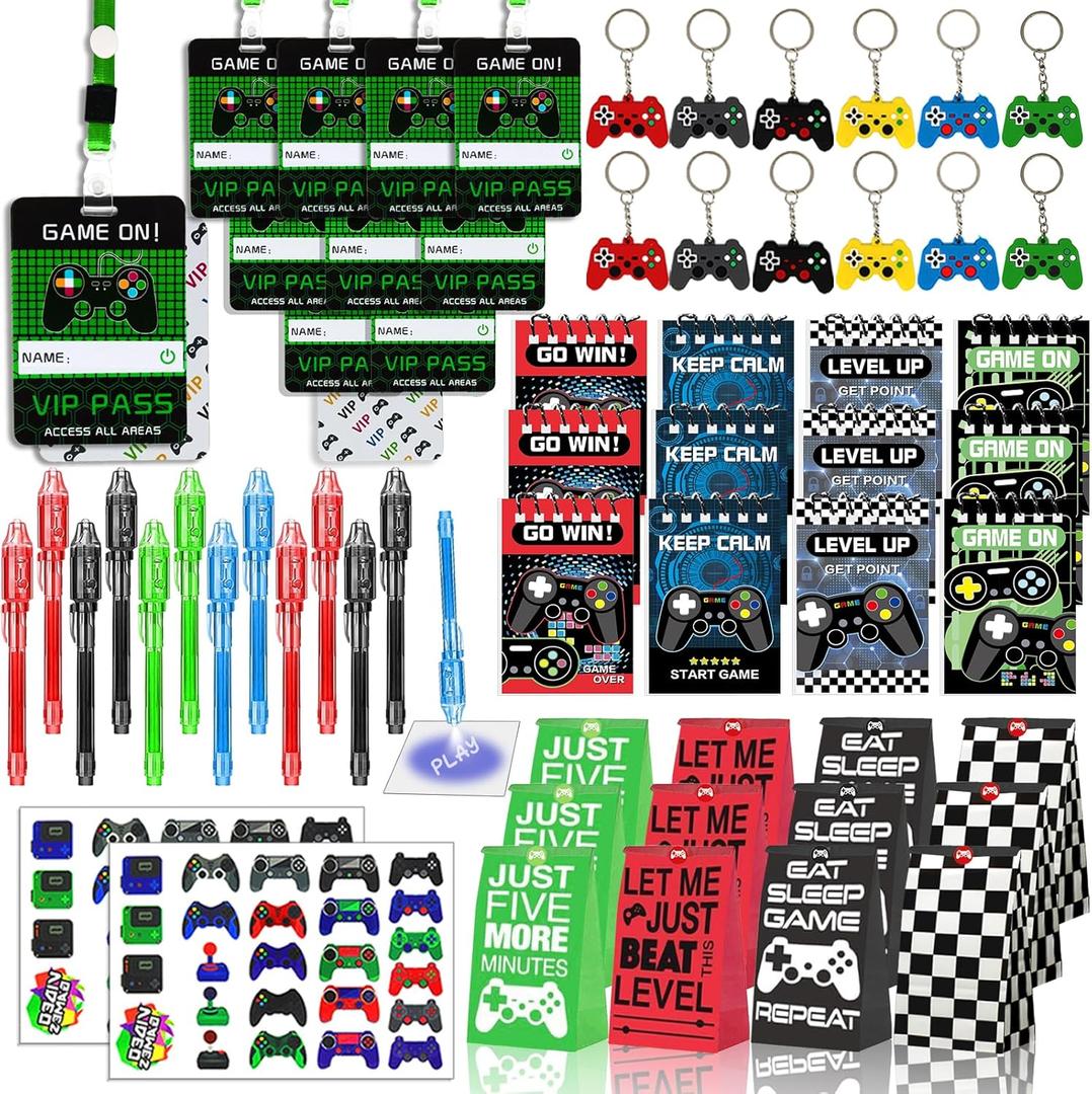 146 Pcs Video Game Party Favors, Gamer Party Favor -Ink Pen Notebook VIP Passes with Lanyards Slap Bracelets Keychains Bags Tattoo Stickers for Kids Gaming Party Favors Game On Birthday Partys Favor
