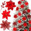 Floweroyal 30pcs Poinsettia Artificial Christmas Flowers Decorations with Clips and Berry Stems Glitter Ornaments for Christmas Tree Wreath Fireplace Stairs Decor (Red-3 Styles)