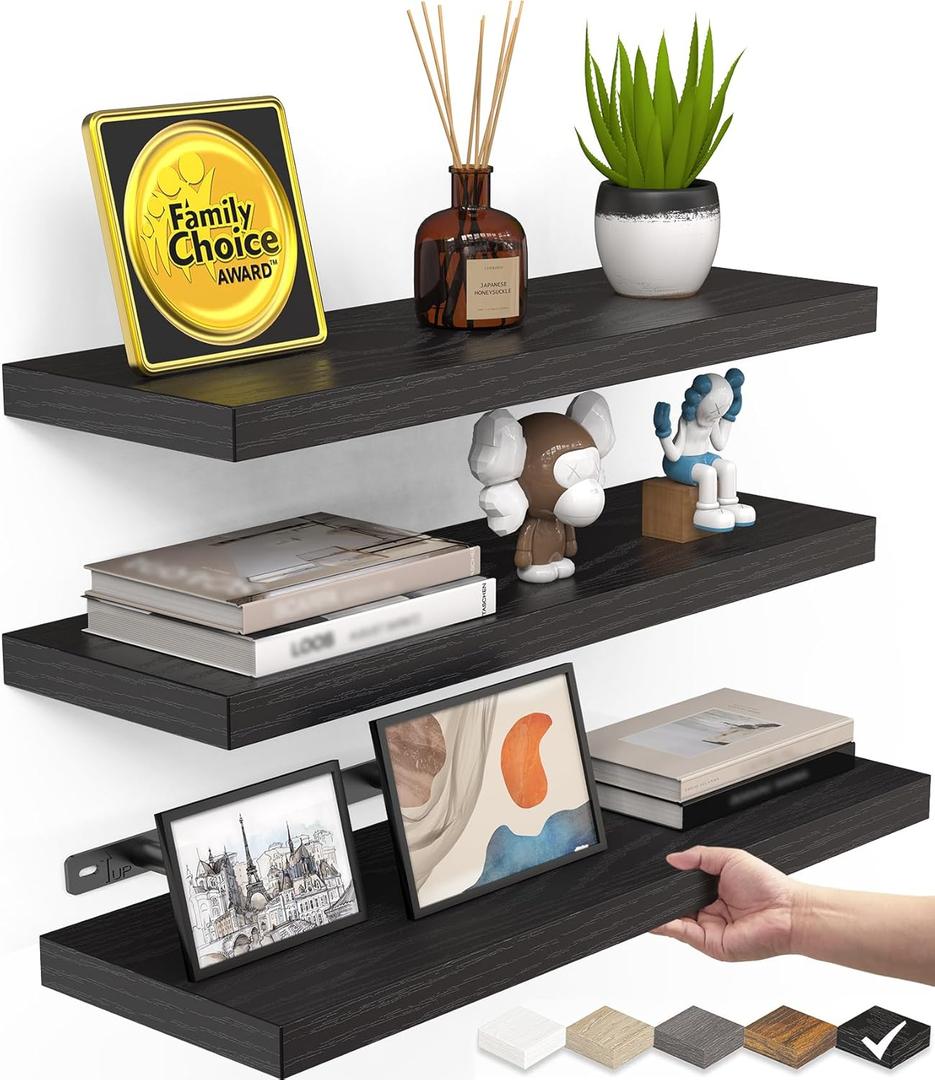 BAYKA Floating Shelves for Wall, Wall Mounted Rustic Wood Shelves for Bathroom, Bedroom, Living Room, Kitchen, Hanging Shelf for Books/ Storage/ Room Decor with 22lbs Capacity (Black, Set of 3, 15.7in)