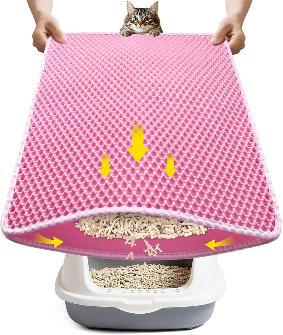 Double-Layer Cat Litter Trapper Mat - Heavy Duty Anti-Tracking Litter Box Mat with Deep Grooves & Waterproof Bottom - Stops Mess, Easy Clean (Pink,L)