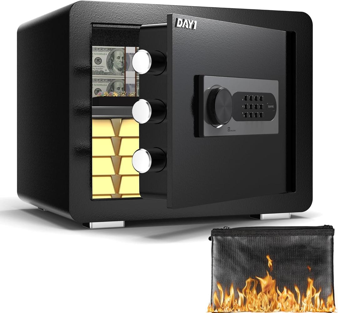 DAYI Safe Box, 0.8 Cubic Feet Home Safe with Fireproof Waterproof Bag, Security Safe Box for Money Cash Valuables, Digital Electronic Keypad, Dual Alarm System, Removable Shelf - D-25 DAYI Safe Box, 0.8 Cubic Feet Home Safe with Fireproof Waterproof Bag, Security Safe Box for Money Cash Valuables, Digital Electronic Keypad, Dual Alarm System, Removable Shelf - D-25