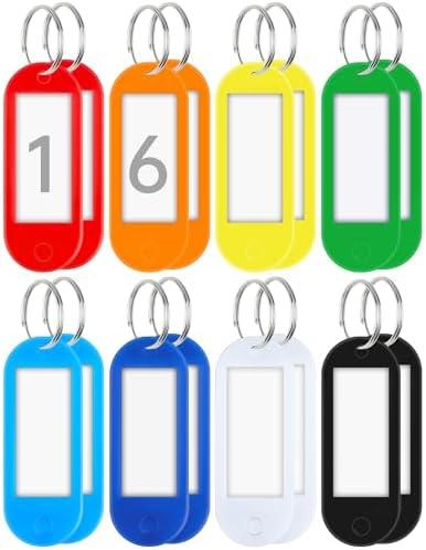 Teskyer 16 Pack Plastic Key Tags, Colorful Key Labels with Label Window Split Ring, Organize Your Keys and Stuff, 8 Colors