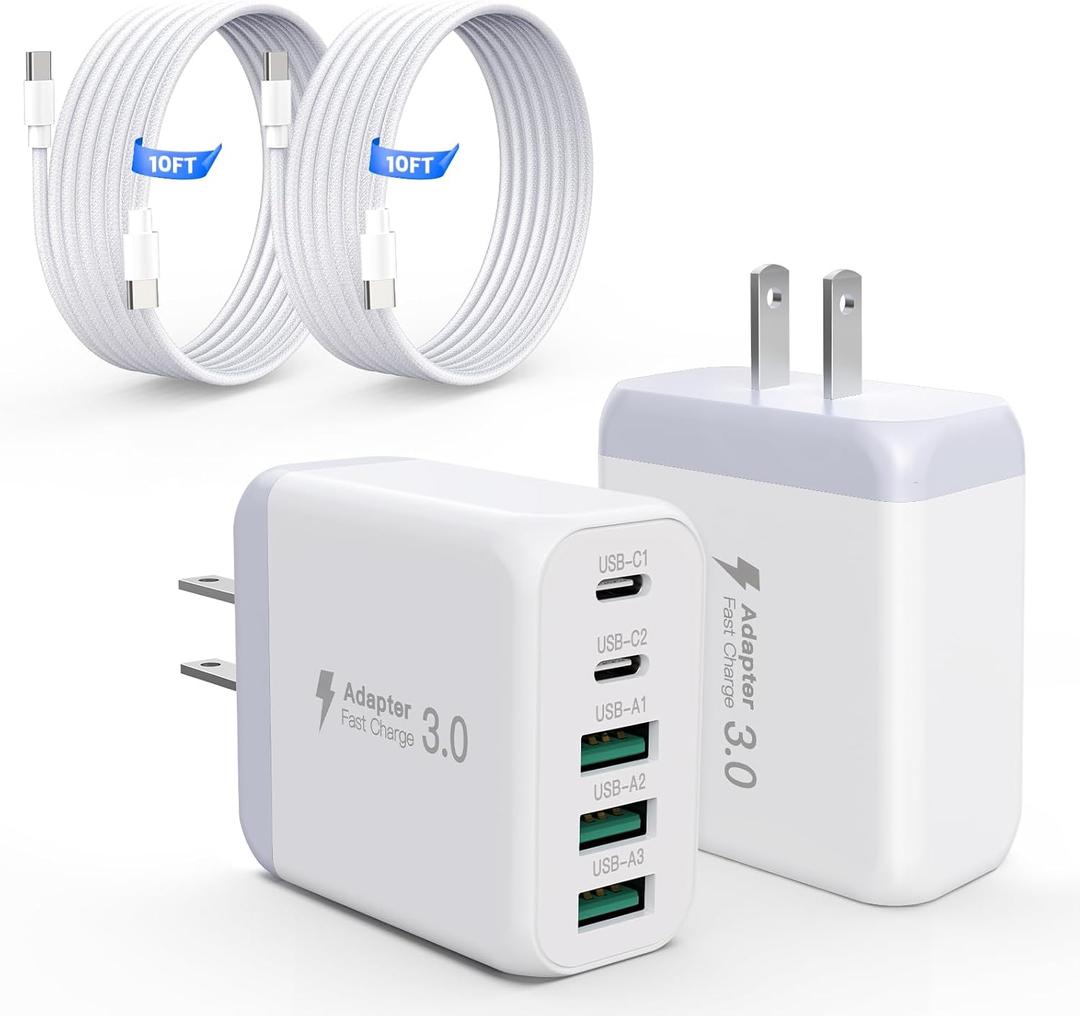 60W USB C Charger Block for iPhone 17 16 15,EIZLXQ 2-Pack USB C Wall Charger with Total 60W Max Output,10FT USB C Cable,Fast Charging Blocks for iPhone 17/16/15 Series,Galaxy,Pixel,iPad-Cream