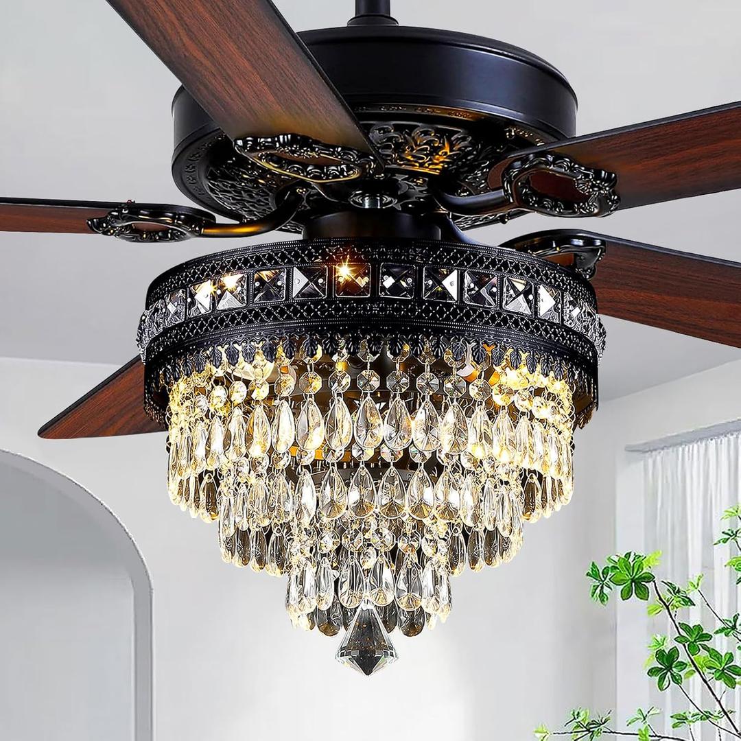 Crystal Chandelier Ceiling Fan with Lights and Remote, Farmhouse Fandelier with 3-Light, Quiet Chandelier Fan for Living Room Bedroom - Reversible AC Motor, 3-Speed, Wood Blades, Timing (52" Black), 52IN