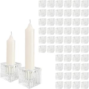 48 Pack Square Vertical Stripe Glass Candle Holders Set 1.57" Vintage Taper Candle Holder Clear Cube Tapered Candlestick Holders Bulk for Wedding Dining Table Decoration Party Christmas Celebration