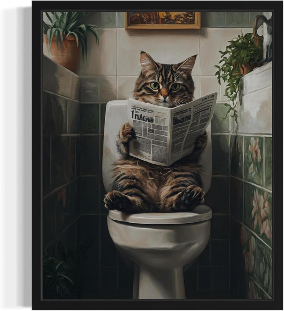 Cat on Toilet Wall Art Print Poster, Dog Bathroom Humor Decor Posters Prints for Restroom Home Picture Painting Artwork Gallery 7 (Cat, 8 x 10 inches, Unframed)