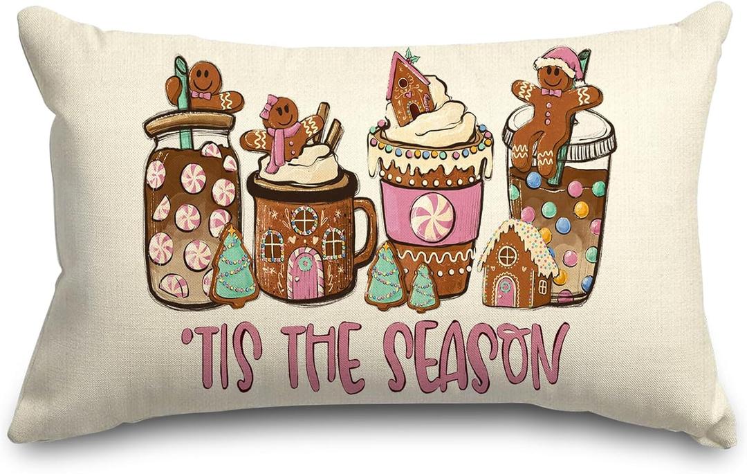 2 x JarThenaAMCS Christmas Pillow Cover Rectangle Gingerbread 12 x 20 Inch Xmas Coffee Throw Pillow Case Tis The Season Cushion Cover for Home Office