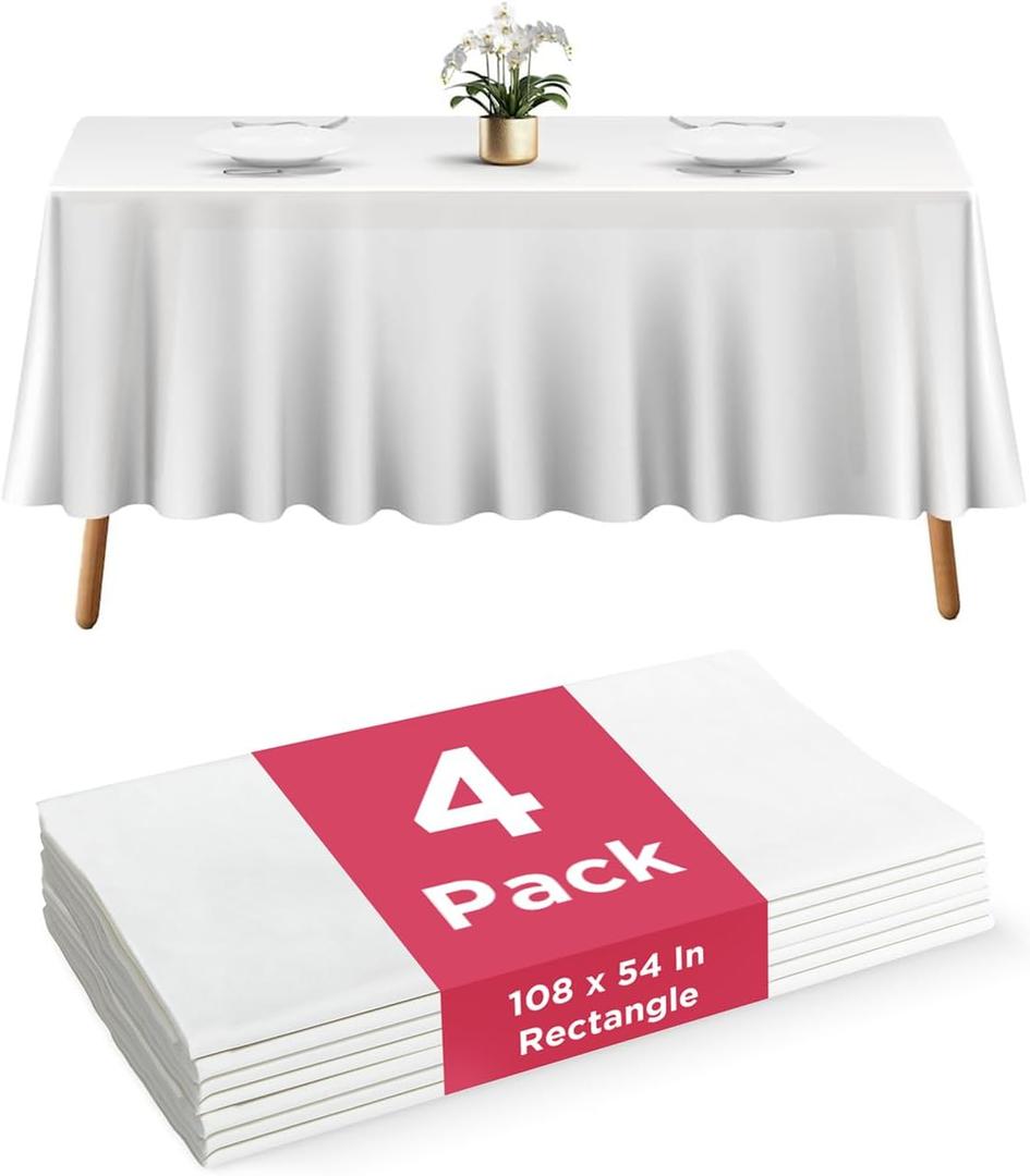 Prestee Plastic Table Cloth Disposable  108 x 54 White Tablecloth Rectangle  Plastic Table Cover for Parties, BBQs, Weddings, Outdoor Gatherings, and Fine Dining Events