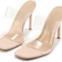Aomigoct Clear Heels for Women Party: Square Toe Two Strap Stiletto Heels Slip on Porm Wedding Shoes Size 39