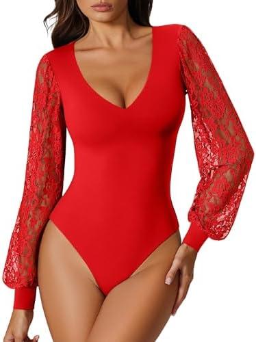 Avidlove Womens Long Sleeve Bodysuit Double Lined V Neck Lace Puff Sleeves Going Out Top Shirts Thong Leotard Body Suit S