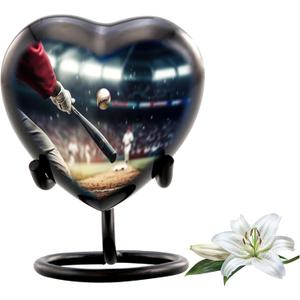 Baseball Heart Keepsake Urn - Mini Sharing Sports Urn - Handcrafted Heart Shaped Funeral & Memorial Keepsake with Premium Box, Bag & Display Stand