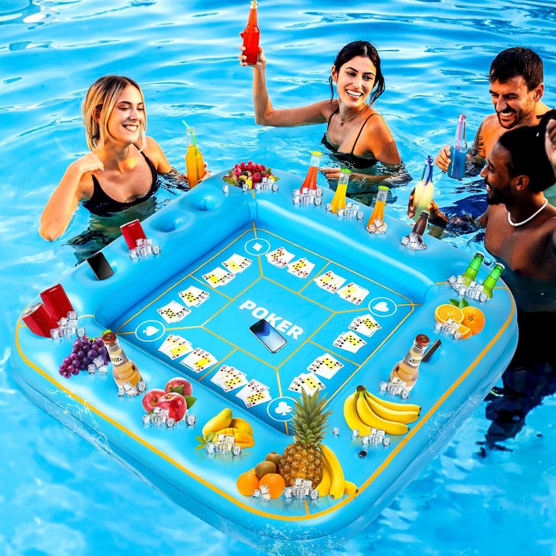 Elcoho 55 x 55 Inch Extra Large Inflatable Game Table with Waterproof Playing Cards Floating Pool Table Drink Holder Inflatable Ice Serving Tray Buffet Bar for Pool Summer Party, Light Blue