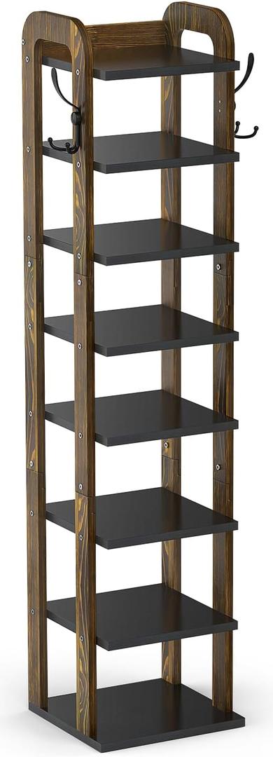 8 Tiers Vertical Shoe Rack, Wooden Shoe Rack for entryway with Hooks, Shoe Storage Organizer for Small Spaces, Space Saving for Closet, Living Room, Bedroom, Front Door