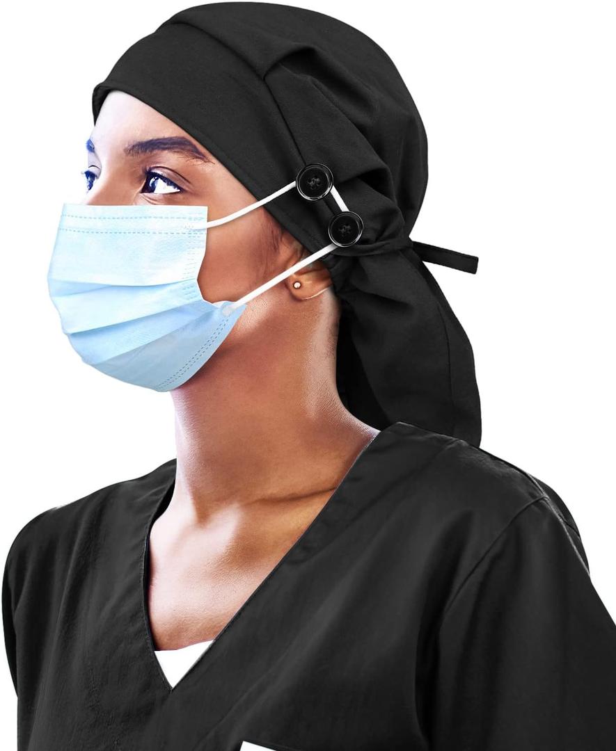 Satin Lined Work Cap with Button for Long Hair Women (Black)