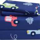 Car Kids Twin Sheet Set Colorful Cars Bed Sheets for Boys - 3 Pcs Deep Pockets Fitted Sheet,Breathable Soft Microfiber Navy Blue Bedding Sets for Toddlers Room Decor