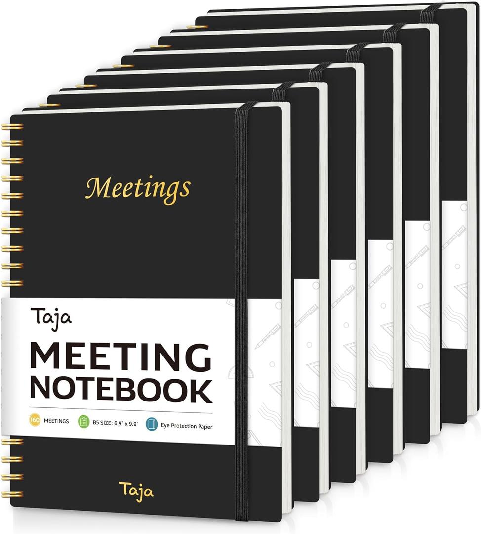 Taja 6 Pack of Meeting Notebook for Work Organization - Work Planner Notebook with Action Items, Agenda Planner for Note Taking, 160 Pages (6.9" X 9.9") Project Organizer for Men & Women - Black