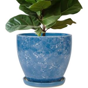 Ceramic Flower Pot - 10 Inch Planter with Drainage Hole and Saucer, Modern Large Planters, Decorative Plant Pot for Indoor Ourdoor, Room Home Garden Porch Decor, Plant Lover Gifts, Blue