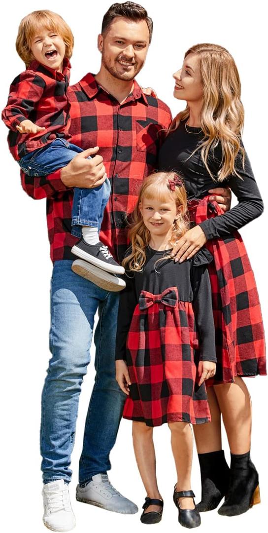 PATPAT Family Matching Outfits Mommy and Me Dresses Matching Set Long Sleeve Plaid Midi Dress and Casual Button Down Shirts (6-7 Years, Black)