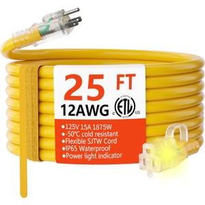 HUANCHAIN 12/3 Gauge Heavy Duty Outdoor Extension Cord 25 ft Waterproof with Lighted end, Flexible Cold-Resistant 3 Prong Electric Cord Outside, 15Amp 1875W 12AWG SJTW, Yellow, ETL