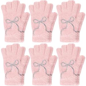 Faux Mink Gloves Women Winter Pink Bow White Warm Fuzzy Full Finger Gloves Coquette Mittens for Women Valentine Gift (Pink)