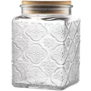 25.3oz Airtight Square Glass Jar, Vintage Decorative Storage Canister with Bamboo Lid, Glass Food Storage Container for Candy Snack Cookies Coffee Tea Nuts, Cute Jar (Square Begonia)