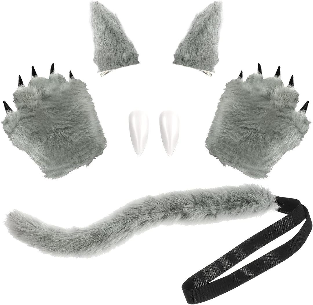Haysandy 4 Pieces Halloween Wolf Costume for Women Men Adult Werewolf Fox Tail Clip Ears and Gloves Teeth for Halloween Fancy Party Cosplay Accessories