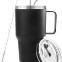 30 oz Tumbler With Handle, Double Wall Stainless Steel Vacuum Insulated Travel Mug with Splash-Proof Lid Metal Straw and Brush (Black)