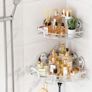 TAILI 2 Pack Powerful Suction Cup Corner Shower Caddy, Stainless Steel Rustproof Shower Shelf with Hook, Drill-Free Wall Mounted Basket, Large Capacity Removable Suction Cup Bathroom Organizer, Silver