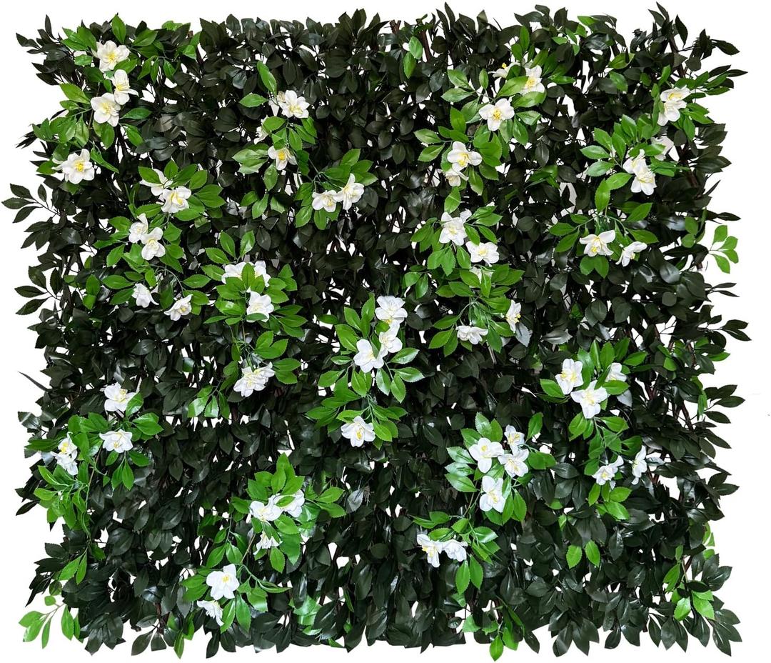 Sumery Expandable Fence Privacy Screen for Balcony Patio Outdoor,Decorative Faux Ivy Fencing Panel,Artificial Hedges (Single Sided Leaves) (2, Branches -White Fowers)