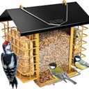 iBorn Bird Feeders for Outdoors,Bird Feeder with Double Suet Holders,Suet Feeder for Outside,Weatherproof Metal Roof,Easy to Refill&Clean,3.2 LBs Seed Capacity+2X Cakes,1 Pack,Black Roof & Yellow Grid