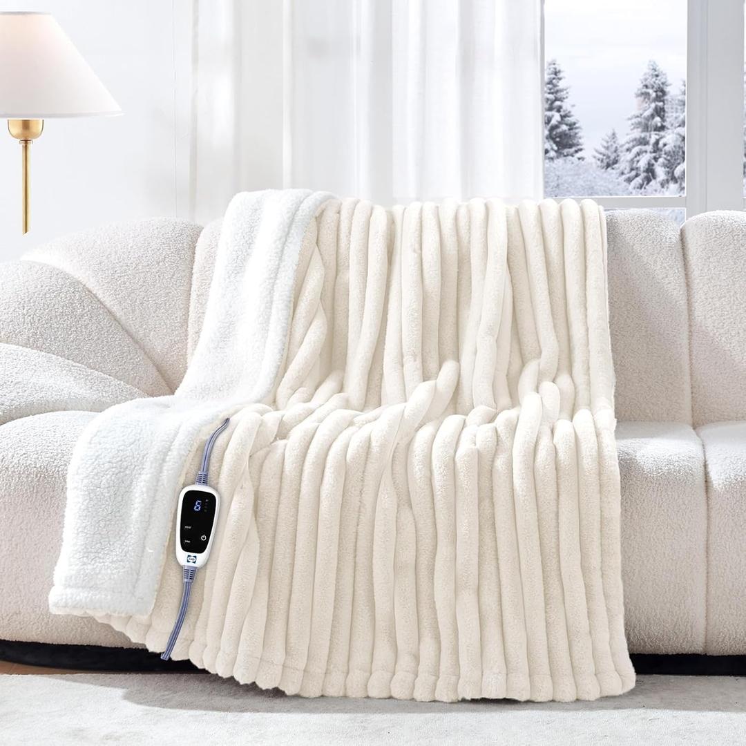 Sealy Electric Blanket Throw Size 50"*60",Super Cozy Faux Fur to Sherpa Reversible Heated Blanket Throw with 6 Heating Levels & 2-10 Hours Auto Off Overheating Protection Machine Washable,Beige