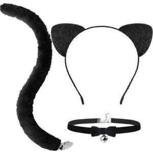 Snwquik 3 PCS Cat Ears Headband with Tail and Bell Choker,Cat Costumes Accessories for Adults Women Halloween Dress Up Party Set (Black)