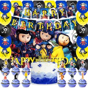 42Pack Coralines Party Supplies Pack IncludesBannerCake TopperBlackdrop,Balloons for Coralines party Decoration plates