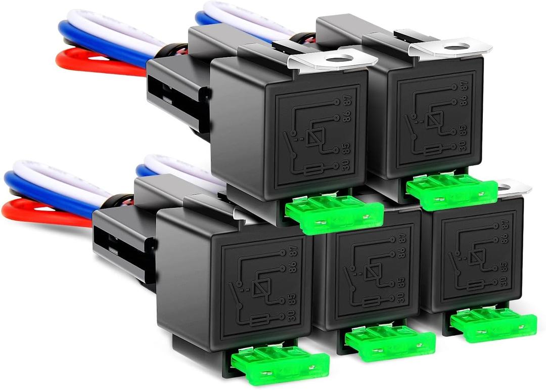 Nilight 50023R 5 Pack 30A Fused Relay Switch Kit 12V 4 Pin SPST Relay Interlocking Harness Socket Holder 30 Amp 12 Volt Automotive Relays with Fuse for Auto Cars Trucks RV