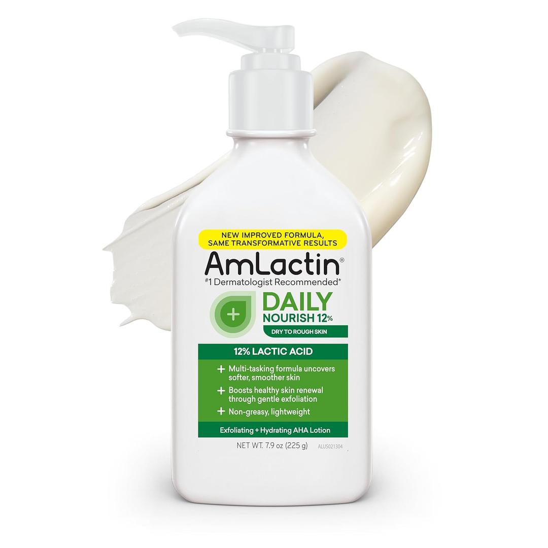 AmLactin Daily Nourish - Therapeutic Body Lotion for Dry Skin - No-Scrub Exfoliator and Moisturizer with 12% Lactic Acid AHA, 7.9 oz