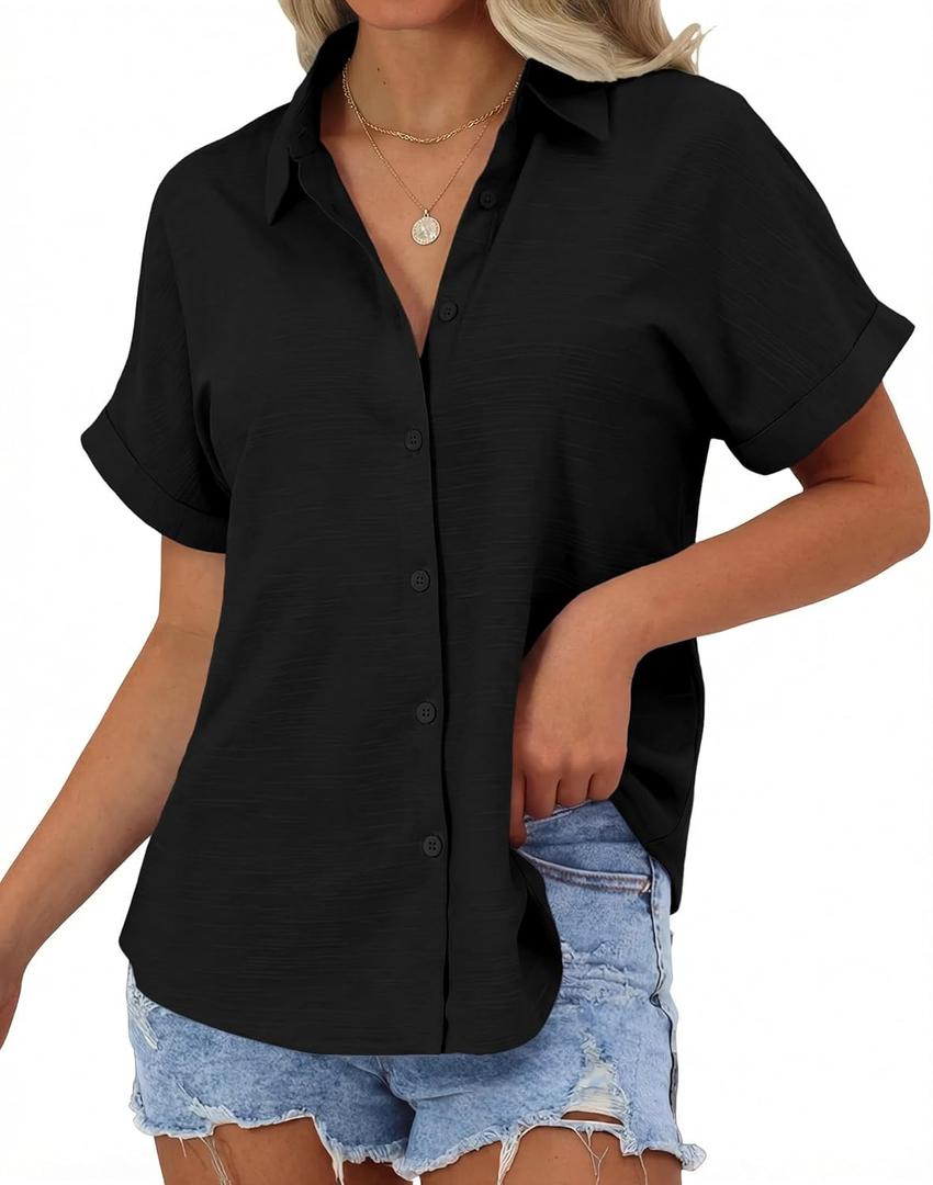 JEKAOYI Womens Button Down Shirts, Cotton Short Sleeve Button Up Shirt Casual Spring Blouses Summer Vacation Tops (L)