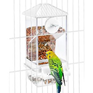 Hamiledyi Automatic Bird Feeder No Mess Bird Cage Feeder Seed Food Container with Perch Transparent Parrot Cage Accessories for Parakeets, Budgies, Cockatoos, Finches, Lovebirds, Canaries (White)
