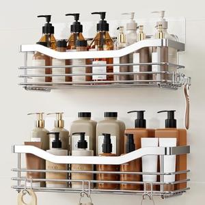 Orimade Shower Caddy Basket Shelf with 5 Hooks Adhesive Organizer Storage Rack Rustproof Wall Mounted Stainless Steel No Drilling for Bathroom, Toilet, Kitchen - 2 Pack (Silver)