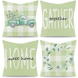 WATINC 4Pcs Spring Summer Pillow Covers Eucalyptus Leaves Garland Truck Cushion Cases Linen Cloth Sweet Home Together Gather Plaid Pillowcase Decoration Farmhouse for Sofa Home Car Couch 18 x 18 Inch