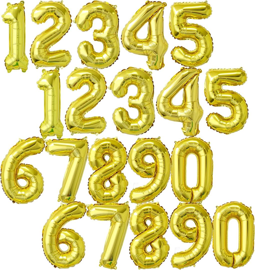 4 x 20 Pcs 16 Inch Number Gold Foil Balloons, 2 Sets of 0-9, Mylar Metallic Balloons Banner Alphabet for Graduation New Year eve Birthday Party Decorations
