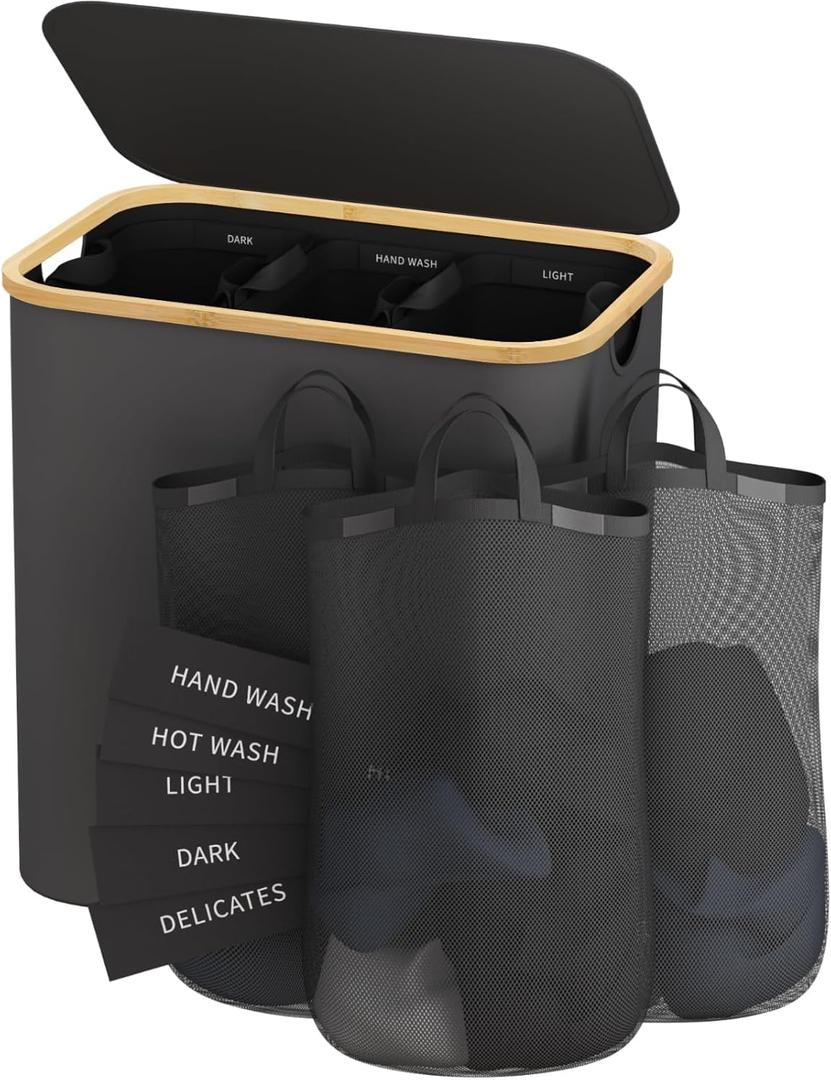 Laundry Hamper with Lid, 160L Dirty Clothes Hamper for Laundry Basket 3 Section, Extra Large Laundry Sorter Hamper 3 Compartment with Removable Inner Bags & Labels, Dark Grey 